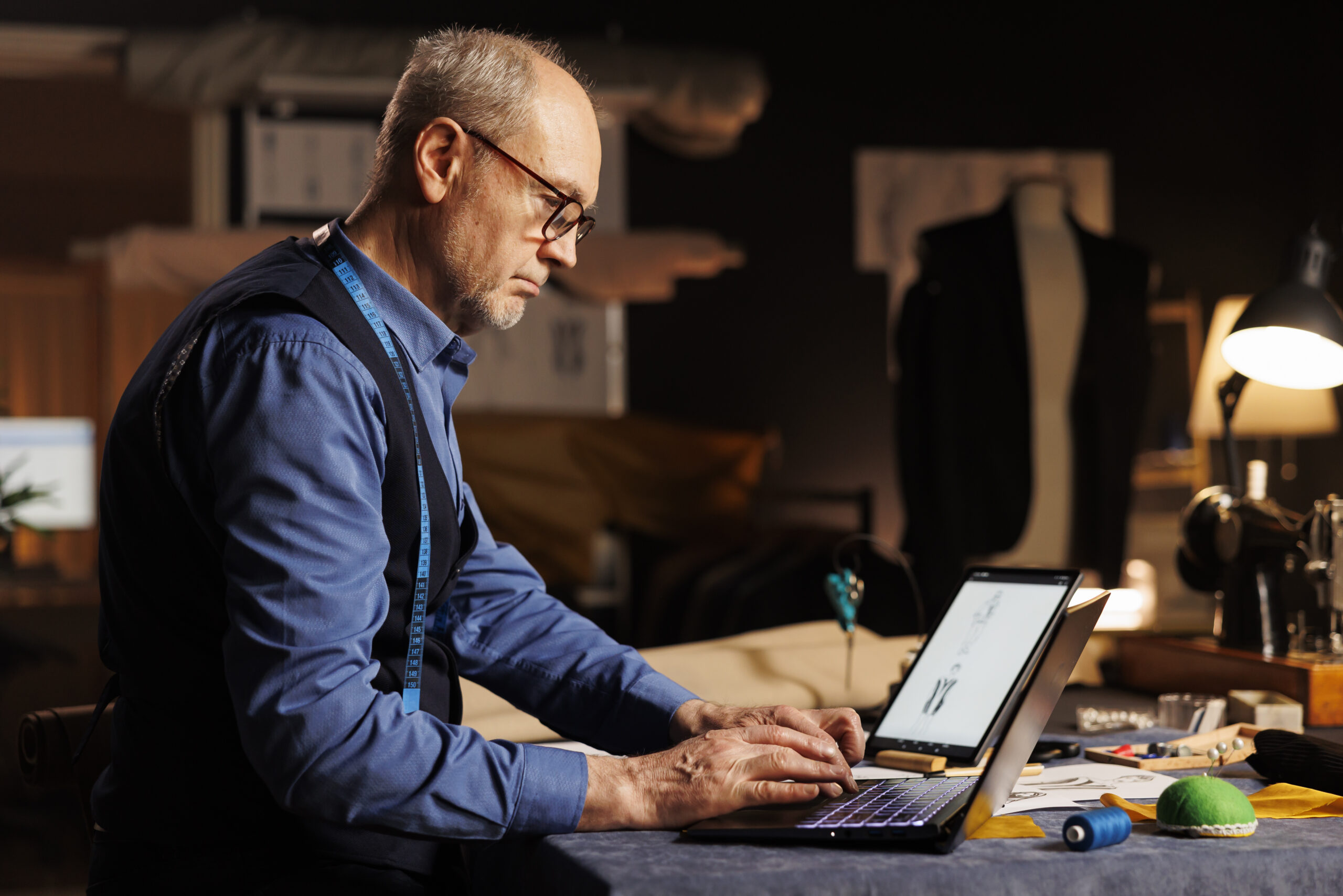 Elderly experienced couturier typing measurements on laptop in professional atelier shop workspace. Skilled expert fashion designer searching online for sartorial inspiration